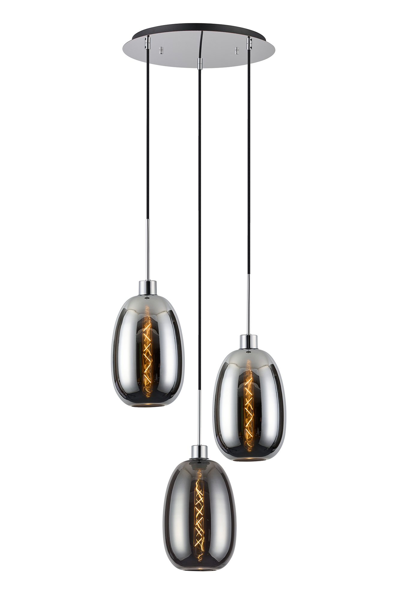 DK1270  Lori 40cm Round Pendant, 3 Light Adjustable E27, Polished Chrome/Chrome/Smoke Slim Curved Trapezium Shades